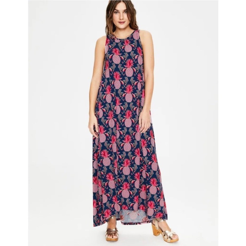 Boden Delphine Jersey Maxi Dress Navy Pink Pineapple Print Tropical Vacation 10